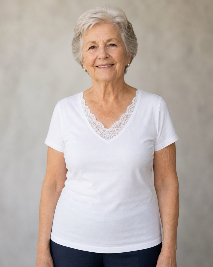 elderly woman wearing white lace-trimmed shirt from Diva underkledij op de pagina voor comfortabele onderkledij ouderen