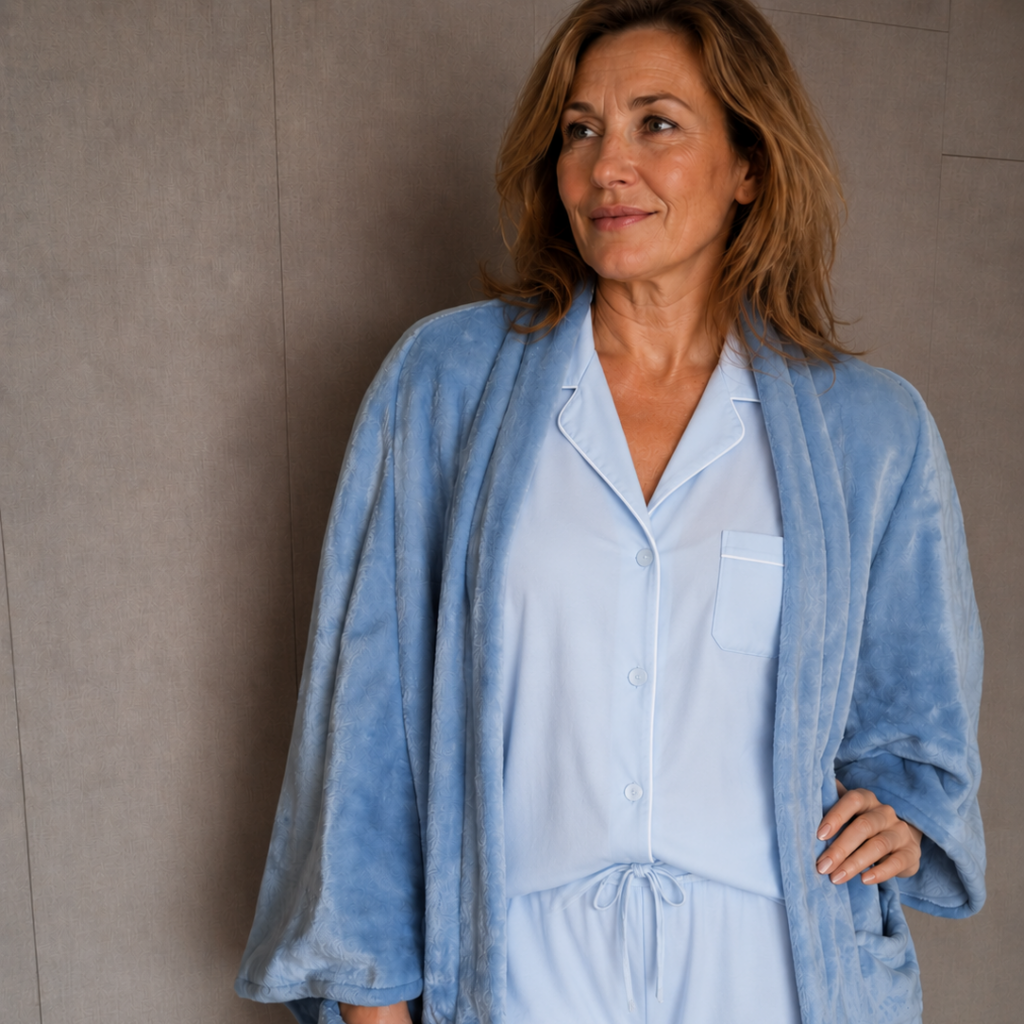 vrouw draagt comfortabele blauwe pyjama en badjas speciaal voor ouderen diva onderkledij